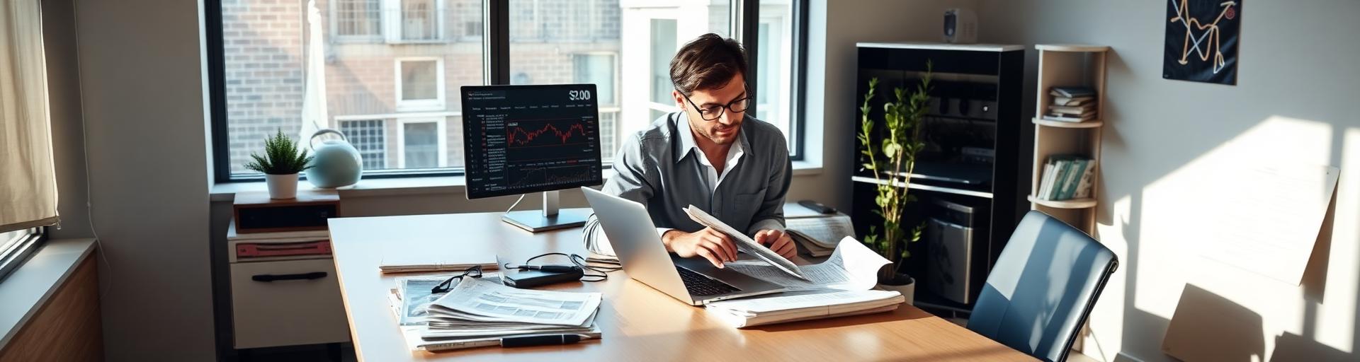 Broker reading finance market news at a desk