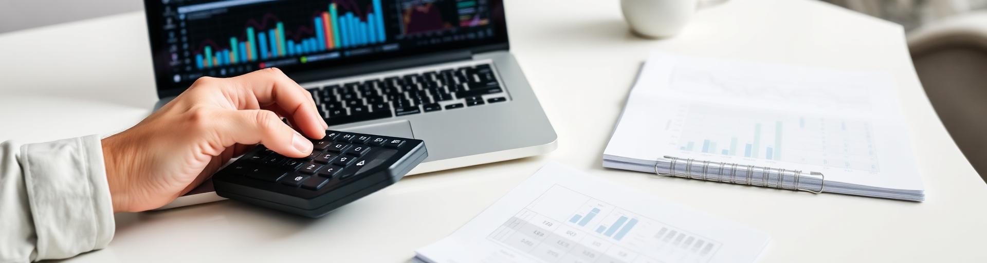 Hands using a calculator beside a laptop showing finance charts