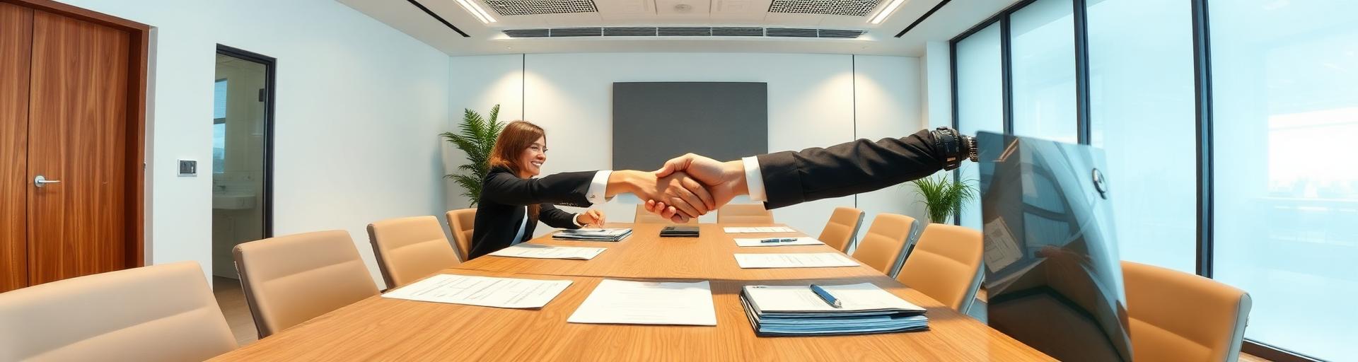 Business people shaking hands over acquisition documents