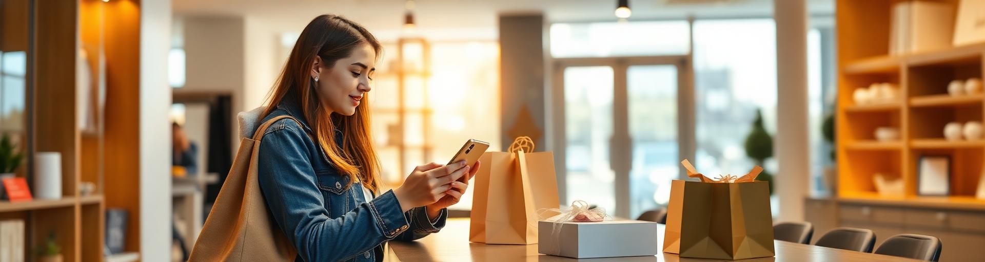 Shopper paying by phone with parcels on a table
