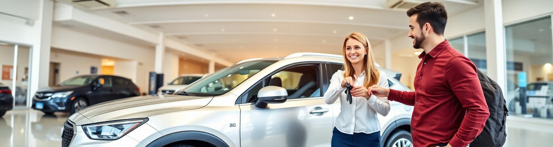 Couple receiving keys to a new car at a dealership