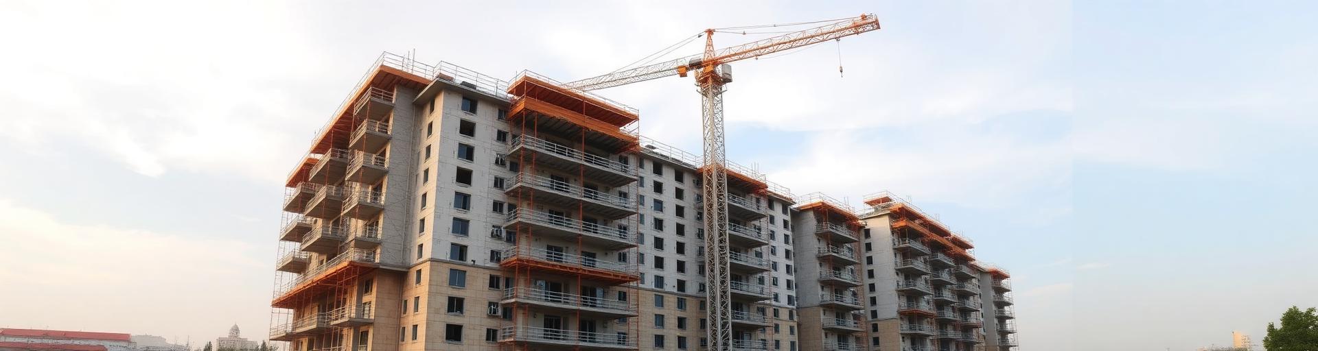 Apartment construction site with tower crane