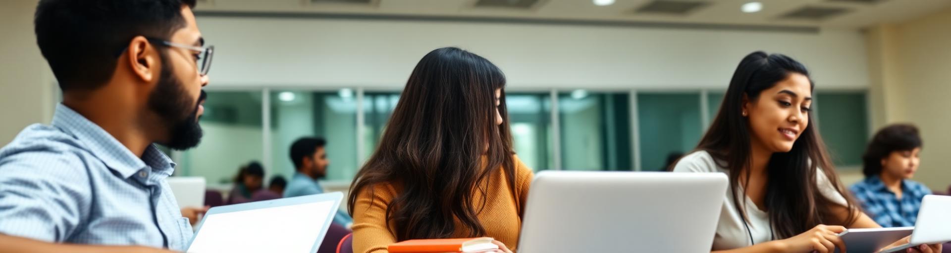 Adult students studying with laptops in a lecture space