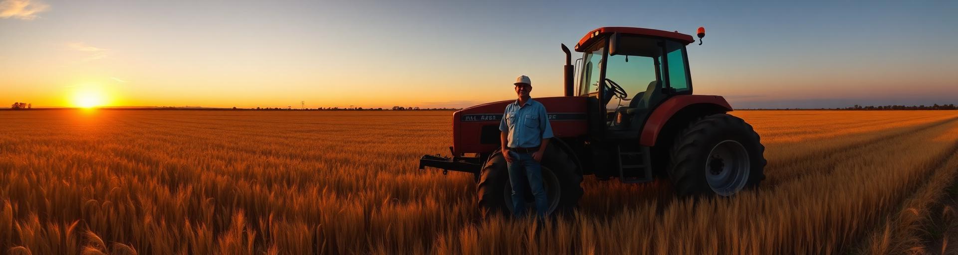 Farmer beside a tractor in a wheat paddock at sunset