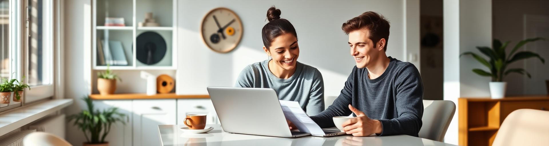 Couple planning finances on a laptop at home