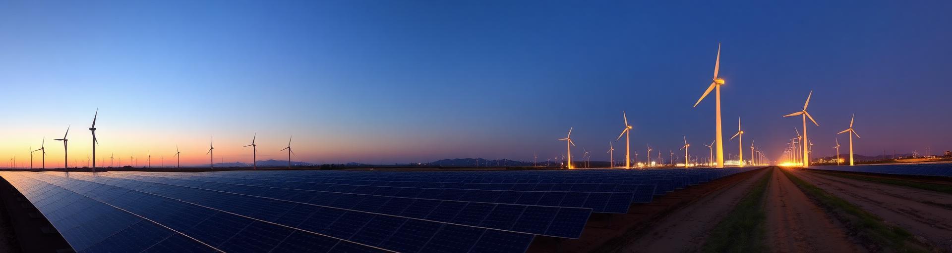 Solar farm and wind turbines at dusk