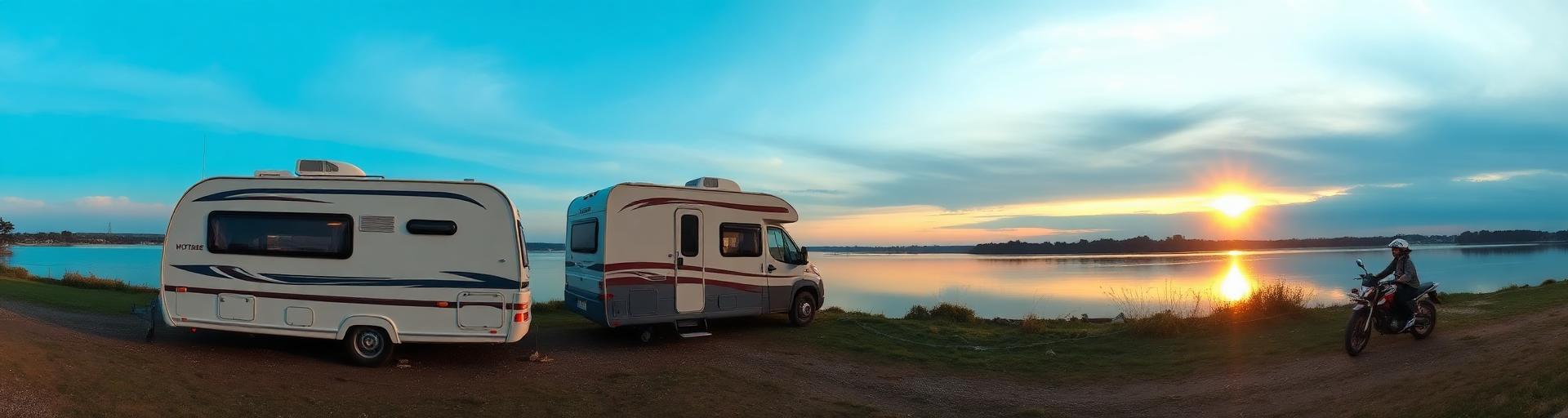 Caravan and boat parked by a lake at sunrise