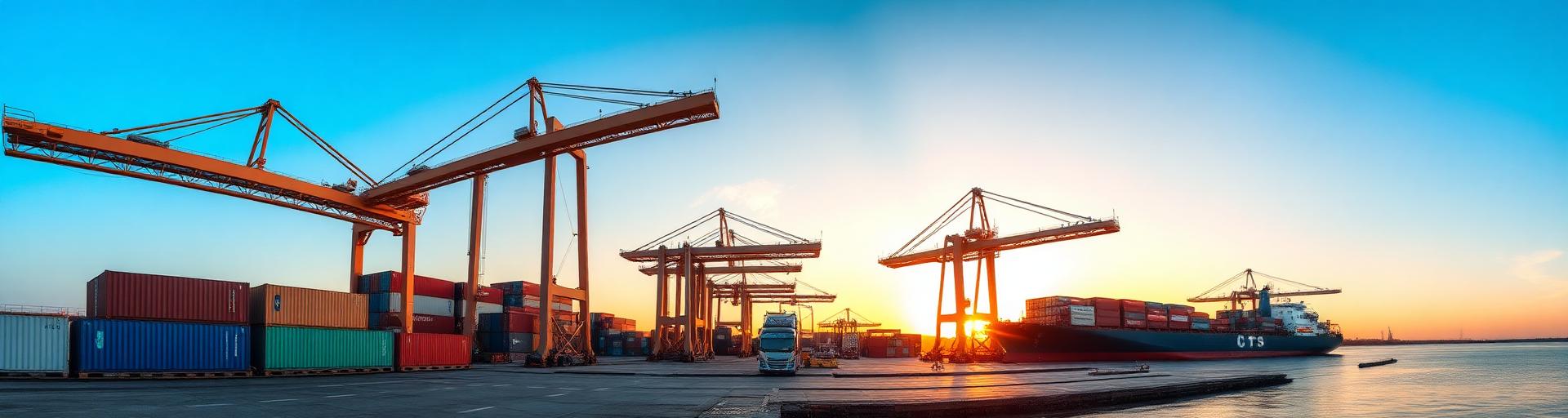 Container port with cranes loading a cargo ship