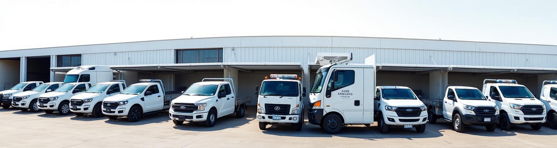 Fleet of work utes and a truck at a business depot
