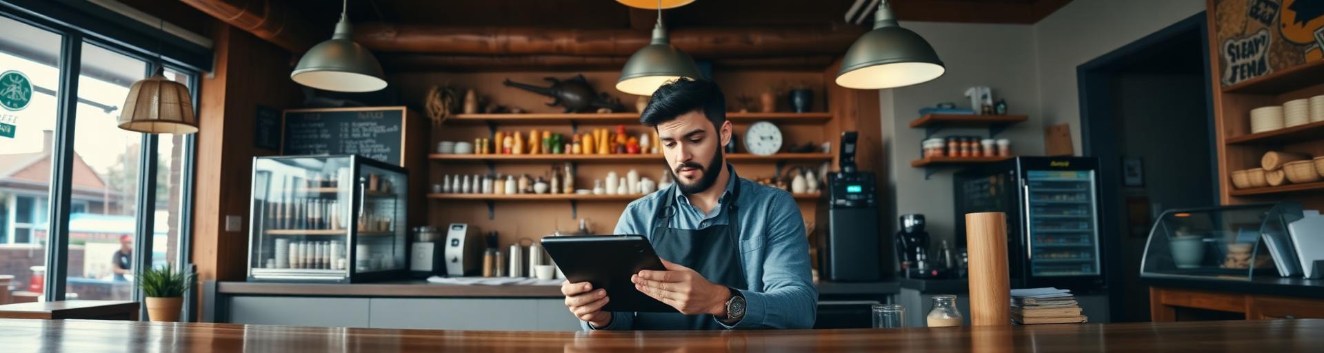 Cafe owner reviewing takings on a tablet